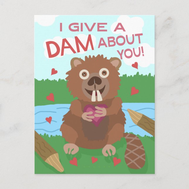 Alla hjärtans dag Cute Beaver Ge a Dam Pun Funny Vykort (Framsida)