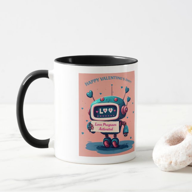 Alla hjärtans dag Cute Blue Robot, Hearts Mugg (Med munk)