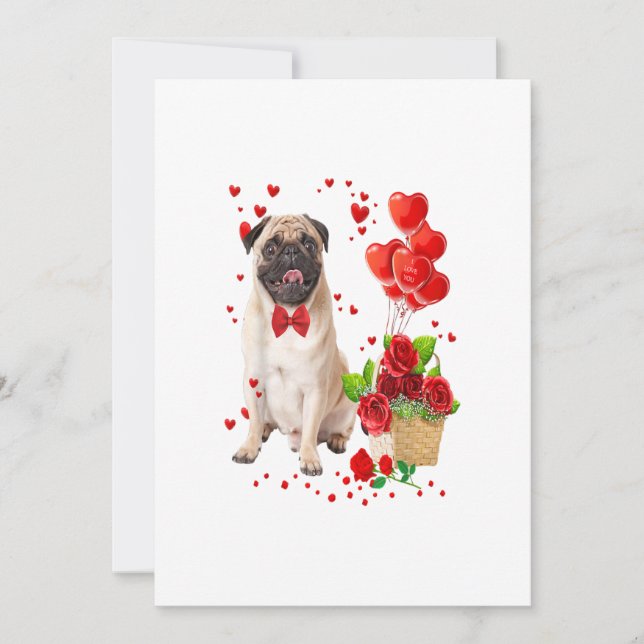Alla hjärtans dag Cute Pug _ Heart Flowers Boys Meddelande (Framsida)