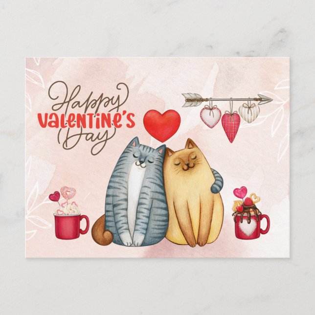 Alla hjärtans dag Cute Romantic Cat par Vykort (Framsida)