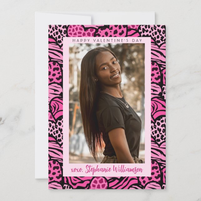 Alla hjärtans dag Cute Rosa Jungle Hearts Photo Julkort (Framsida)