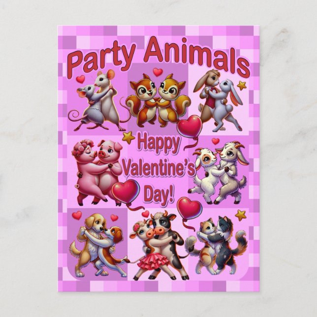 Alla hjärtans dag Dansande par "Party Animals" Vykort (Framsida)