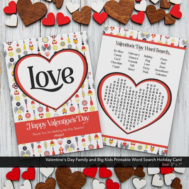 Alla hjärtans dag-familjens barn - utskrivbar Ord- Julkort (Valentine's Day Family and Big Kids Word Search Card–Printable Holiday Activity)