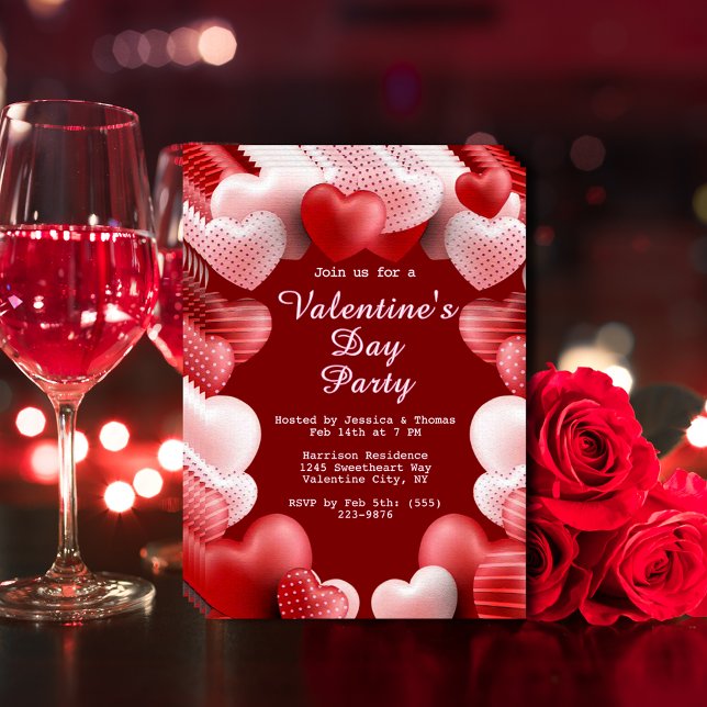 Alla hjärtans dag fest Rosa & Röda Kärlekshjärtan Flygblad (Valentine's Day Party Pink & Red Love Hearts Invitation)