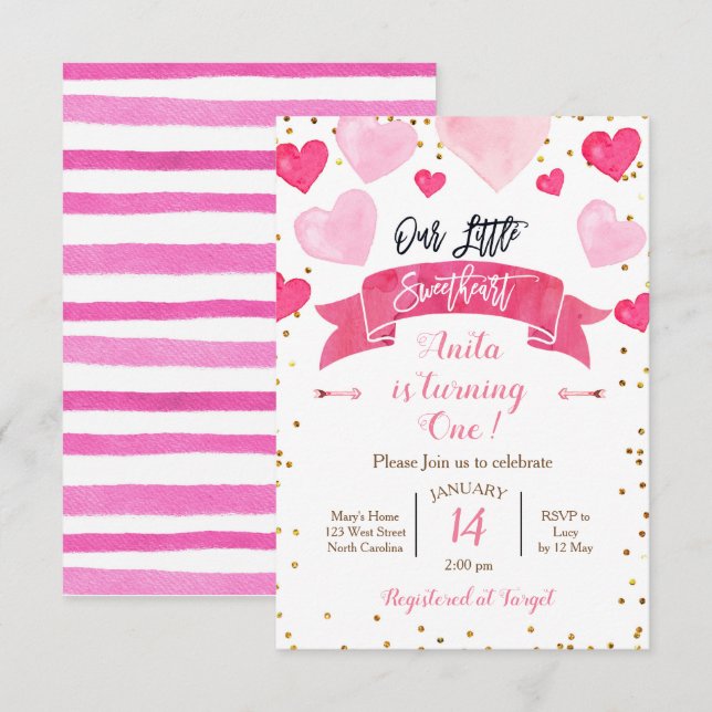 Alla hjärtans dag födelsedag vår lilla älskling inbjudningar (Fram/baksida)