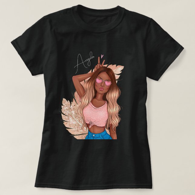 Alla hjärtans dag glitterflicka solbrändt hår brun t shirt (Design framsida)