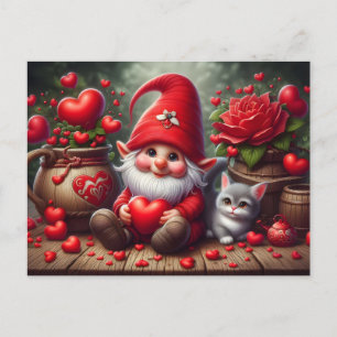 Alla hjärtans dag Gnome med en katt Helg Vykort