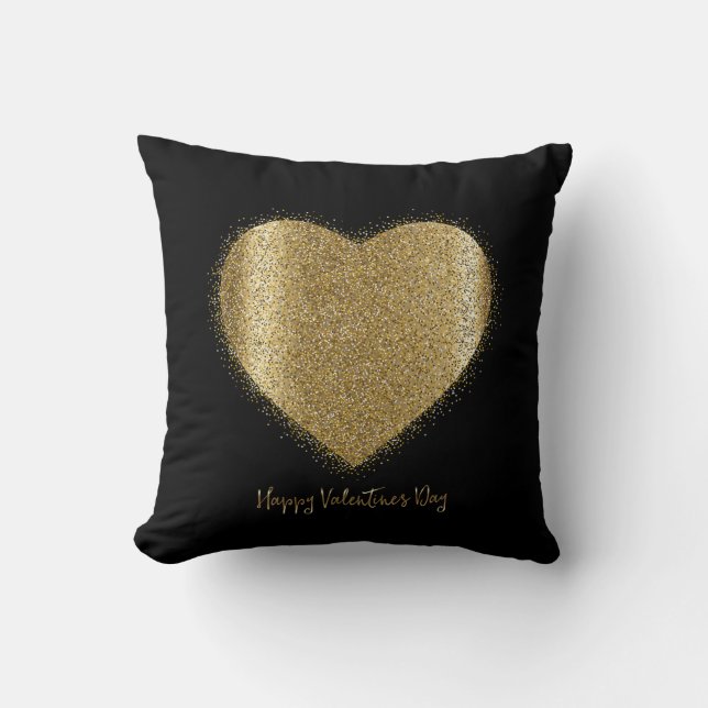 Alla hjärtans dag Guld Dust Heart på svart bakgrun Kudde (Framsida)