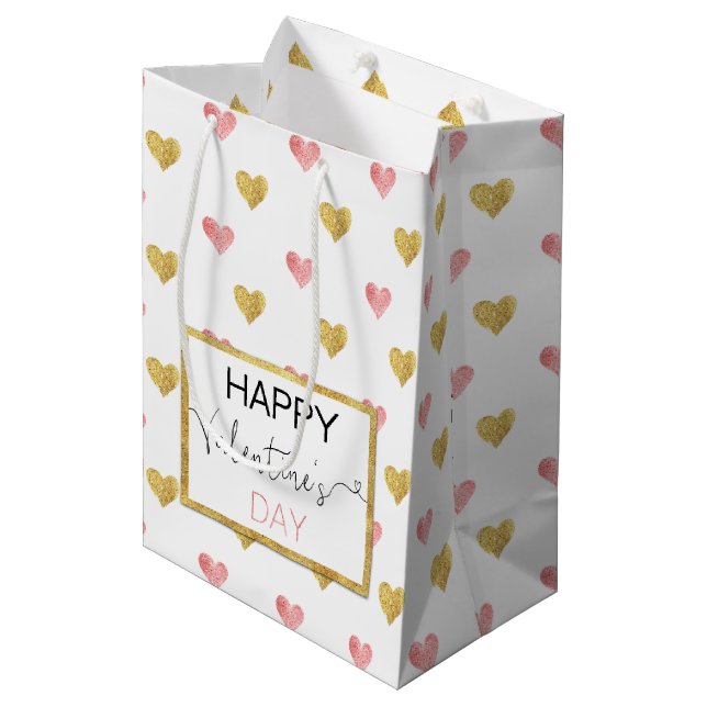 Alla hjärtans dag Guld Rosa Hearts Medium Gift Bag (Framsidan Vinklad)