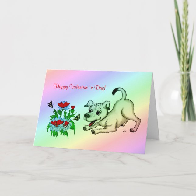 Alla hjärtans dag, hjärta, blommor, valp och fjäri helgkort (Framsida)