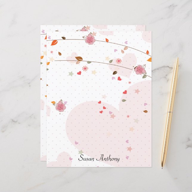 Alla hjärtans dag hjärtan blommor brevpapper (Fram/Back In Situ)