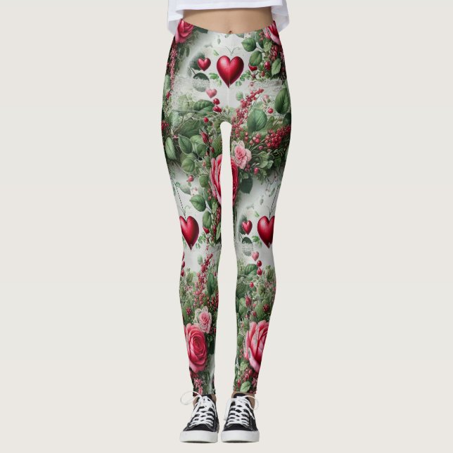 Alla hjärtans dag Hjärtan och Rosor Leggings (Framsida)