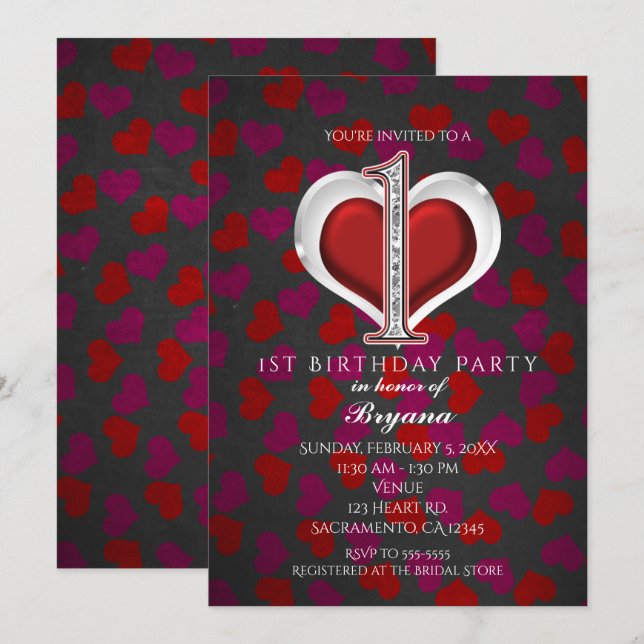 Alla hjärtans dag Hjärtar 1:a födelsedagsinbjudan Inbjudningar (Fram/baksida)