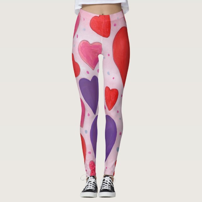 Alla hjärtans dag Hjärter i Rosa, Lila och rött Leggings (Framsida)