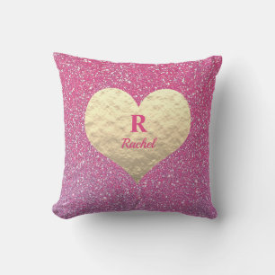 Alla hjärtans dag Hjärtmonogram Guld Rosa Glitter Kudde