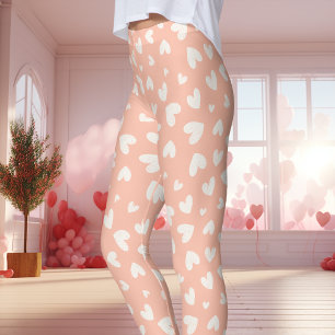 Alla hjärtans dag i Peach and White Heart Mönster Leggings