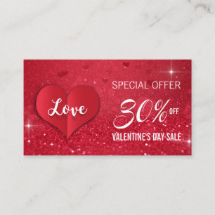 Alla hjärtans dag Kärlek Heart Red Glitter Rabattkort
