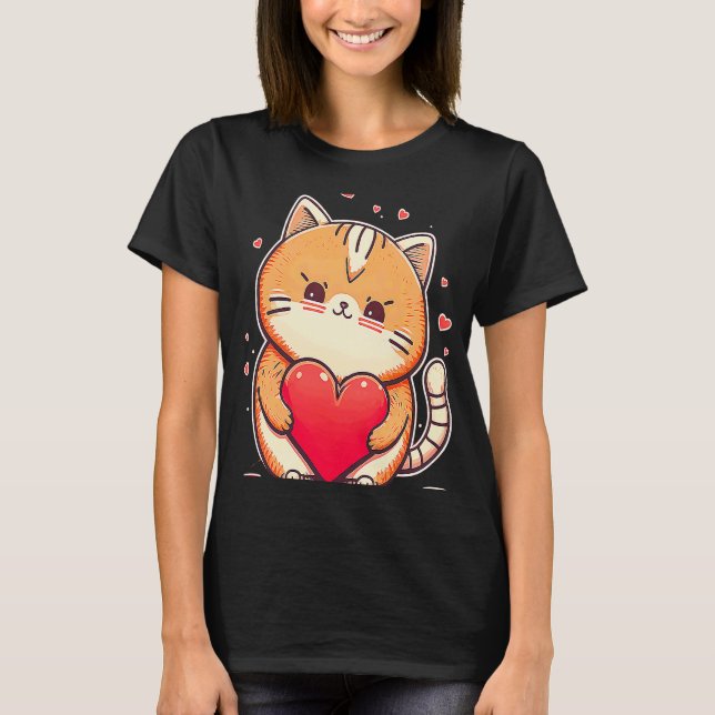 Alla hjärtans dag Katt Cute Cat Holding a Heart T Shirt (Framsida)