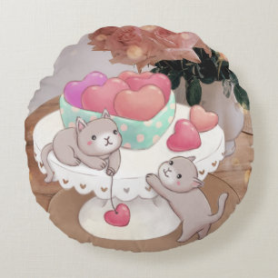 Alla hjärtans dag: Katter, hjärtkakor och blommor Rund Kudde