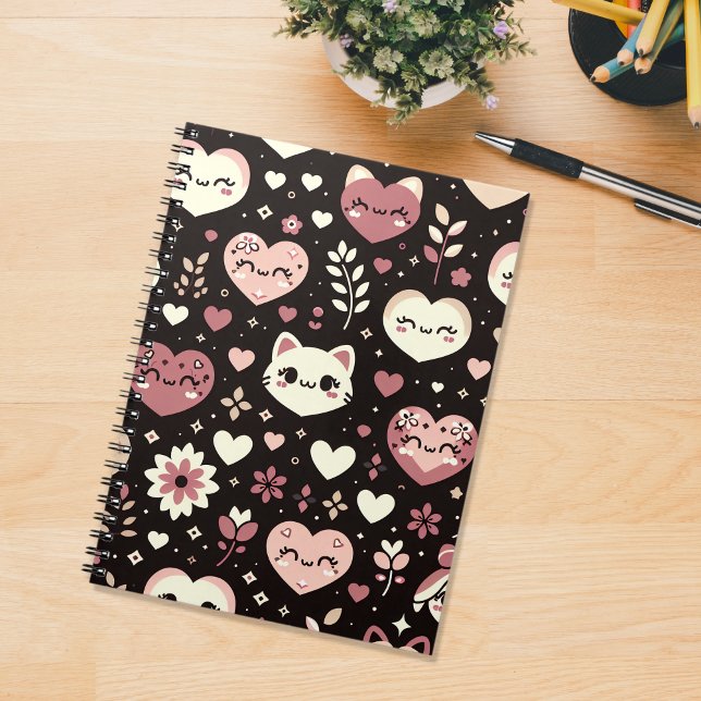 Alla hjärtans dag Kawaii Cats Hearts Flower Mönste Anteckningsbok (Skapare uppladdad)