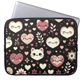 Alla hjärtans dag Kawaii Cats Hearts Flower Mönste Laptop Fodral