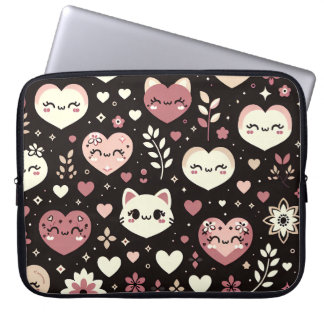 Alla hjärtans dag Kawaii Cats Hearts Flower Mönste Laptop Fodral
