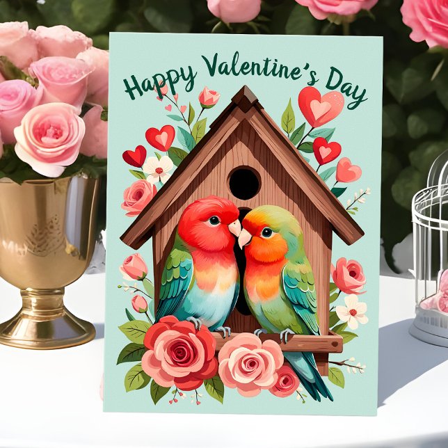 Alla hjärtans dag Lovebird Cute Parrot lite hjärta Helgkort (Sweet lovebirds birdhouse valentine card for owner of pet love birds)