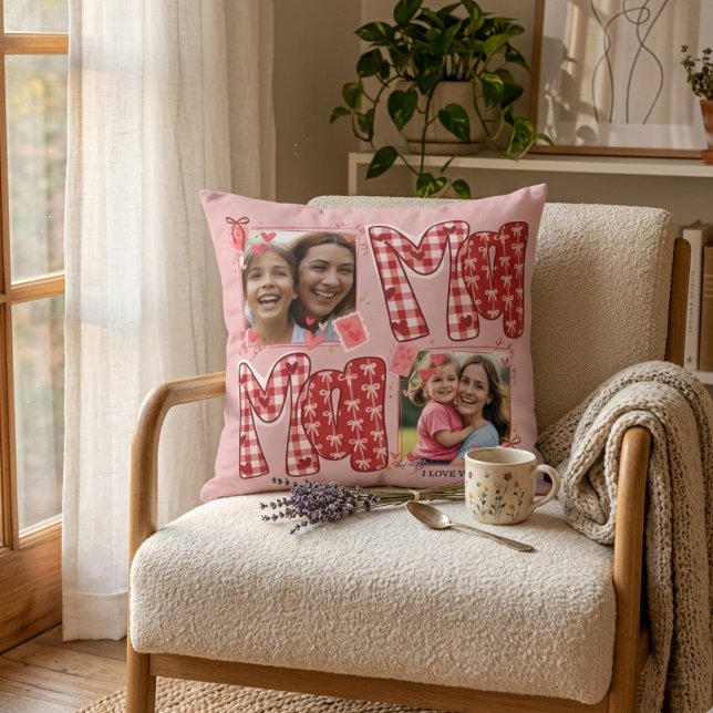 Alla hjärtans dag mamma och barn rosa röd rutig kä kudde (Skapare uppladdad)
