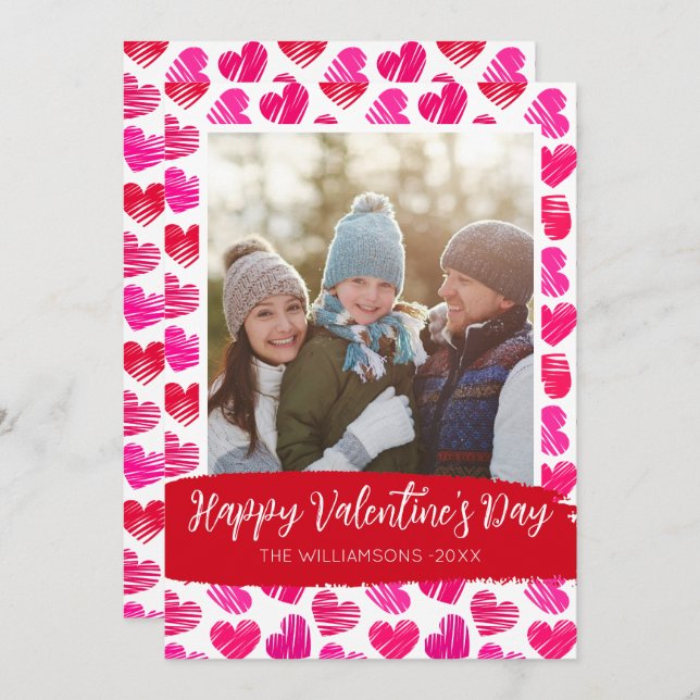 Alla hjärtans dag Modern Red Rosa Hearts Photo Julkort (Fram/baksida)