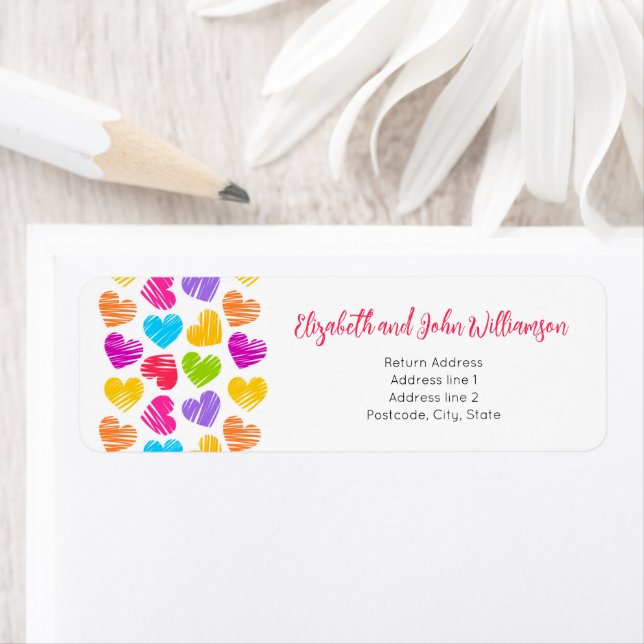Alla hjärtans dag Modern Vibrant Hearts Anpassning Returadress Etikett (Insitu)