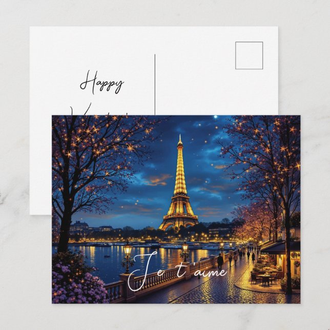 Alla hjärtans dag Paris på natten med Eiffel Torn- Helg Vykort (Fram/baksida)