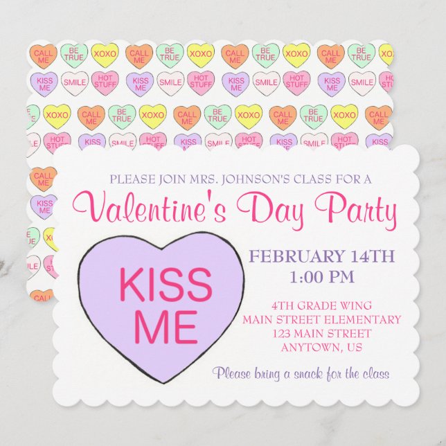 Alla hjärtans dag Party Candy Conversation Heart Inbjudningar (Fram/baksida)