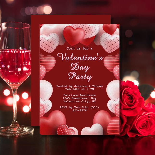 Alla hjärtans dag Party Rosa och Röda Kärlek Heart Inbjudningar (Valentine's Day Party Pink & Red Love Hearts Invitation)