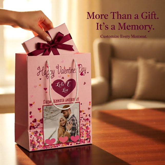 Alla hjärtans dag Personlig Photo Rosa Hearts (Personalized Pink Hearts Photo Valentine Medium Gift Bag)