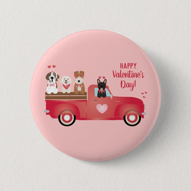 Alla hjärtans dag Pickupa Lastbil Kärlek Hundar Knapp (Framsida)