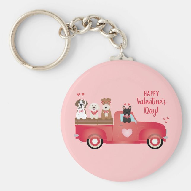 Alla hjärtans dag Pickupa Lastbil Kärlek Hundar Nyckelring (Framsidan)