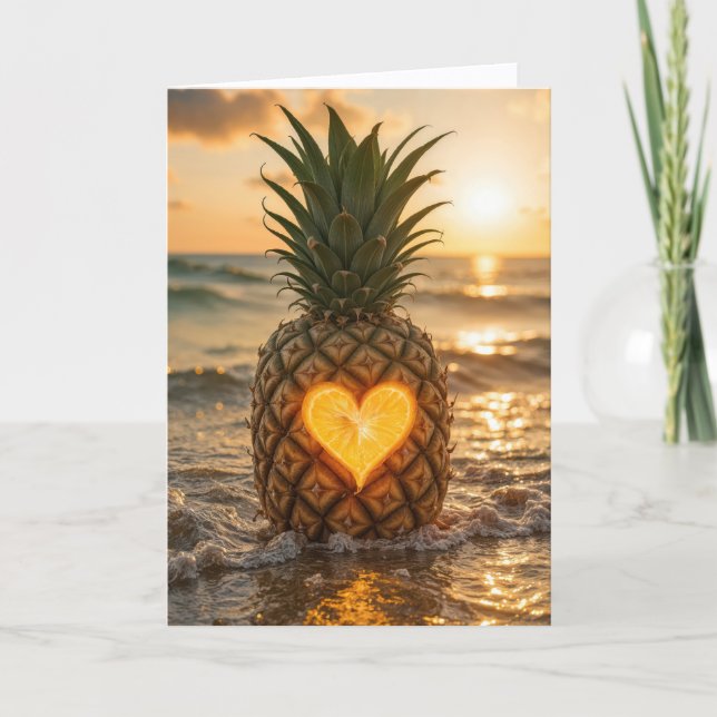 Alla hjärtans dag-pineapple med ett lysande hjärta kort (Framsida)