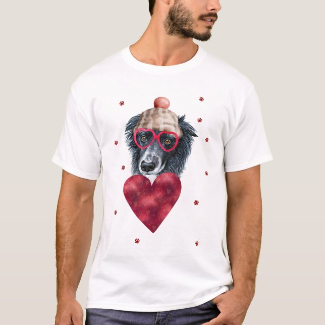 Alla hjärtans dag present Border Collie Hund T Shirt (Framsida)