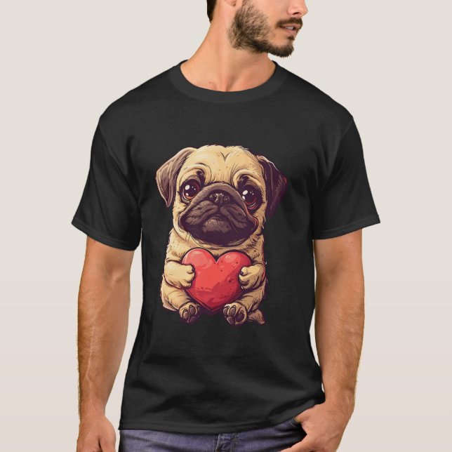 Alla hjärtans dag Pug Heart Funny Pug Älskare Hund T Shirt (Framsida)