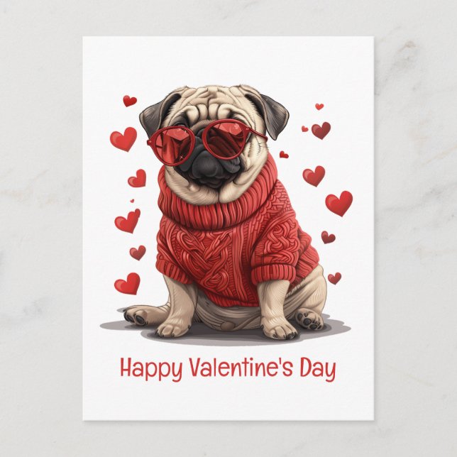 Alla hjärtans dag Pug Hund Vykort (Framsida)