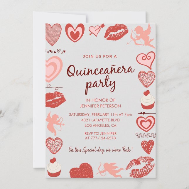Alla hjärtans dag quinceanera inbjudan sött mönste (Framsida)