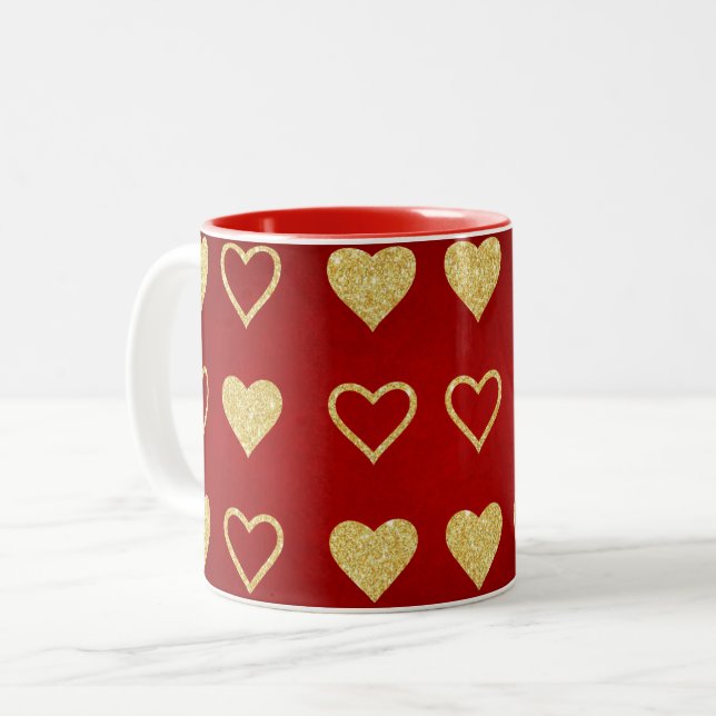 Alla hjärtans dag Red Luxury Golden Hearts Två-Tonad Mugg (Framsida vänster)