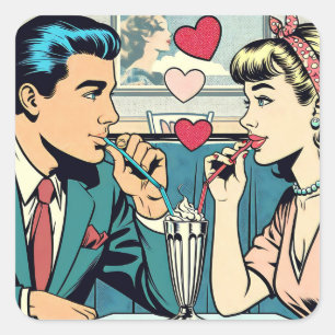 Alla hjärtans dag Retro par Drinking Milkshakes Fyrkantigt Klistermärke