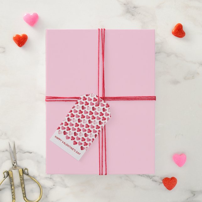 Alla hjärtans dag röda och rosa akvarellhjärtan presentetikett (Skapare uppladdad)