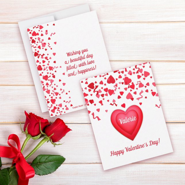 Alla hjärtans dag Roligt Röda konfetti Hearts Anteckningskort (Happy Valentine's Day Personalized Flat Note Card with fun red confetti hearts design
)