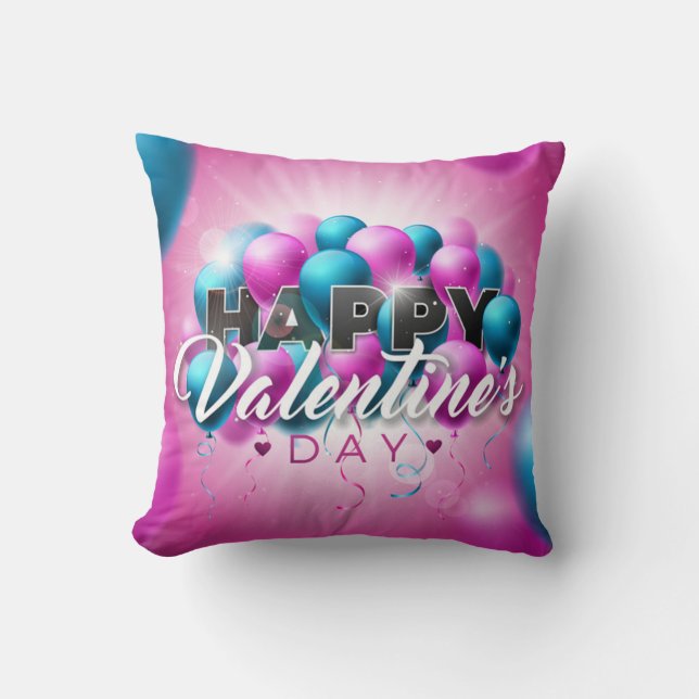 Alla hjärtans dag Romantisk Rosa och Blue Balloon Kudde (Framsida)