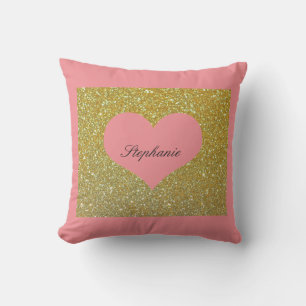 Alla hjärtans dag Rosa Guld Glitter Monogram Hjärt Kudde