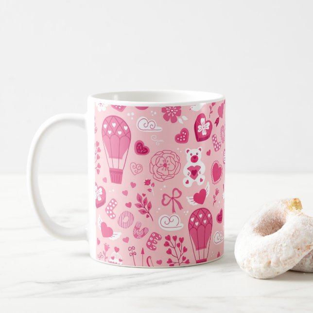 Alla hjärtans dag Rosa Hearts Kärlek Bear Flowers Kaffemugg (Med munk)