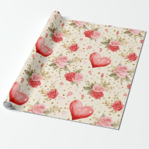 Alla hjärtans dag Rosa och röda rosor och hjärtan  Presentpapper