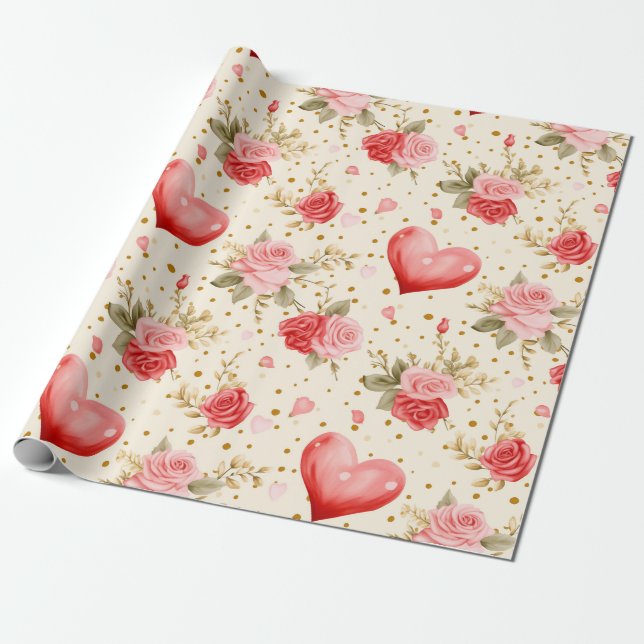 Alla hjärtans dag Rosa och röda rosor och hjärtan  Presentpapper (Utrullad)